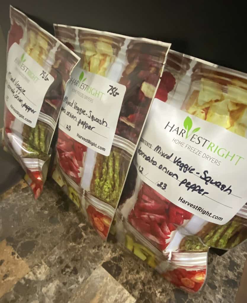 Packaged freeze-dried vegetable snacks from Florida garden.